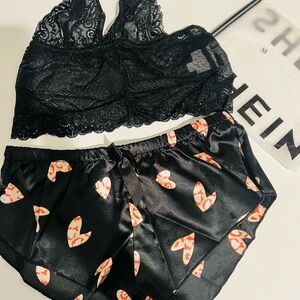Shein Black Lace Bralette and Heart Print Shorts Set ⭐️